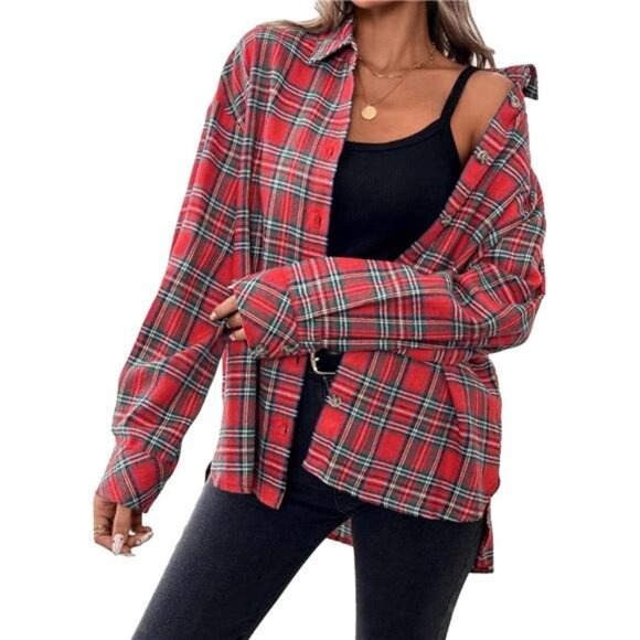 Tops - Womens Oversized Flannel Plaid Shirts Red